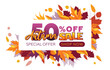 Autumn sale sign on a background of autumn leaves. 50% off. Vector for booklet or web banner. Promotion Autumn discount.