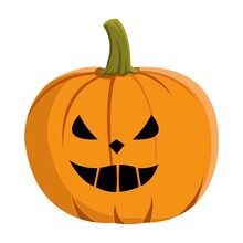 Pumpkin Design With Scary Eyes And Mouth For Halloween Event With Orange And Green Color. Round Pumpkin Lantern Design With Smiling Face On A White Background For Halloween.