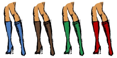 Rough freehand sketch of female legs wearing high heel knee boots. Set of color rough clipart of the women legs isolated on white background