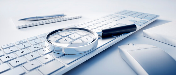 Magnifying glass on computer keyboard - search technology concept