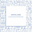 Dentist, orthodontics seamless pattern with line style icons. Health care background for dentistry clinic. Outline dental care, medical equipment, braces, tooth prosthesis, caries treatment background