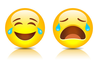 Sticker - Sad and smiling emoji, vector cartoon