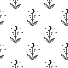 boho seamless pattern with celestial moon flowers.