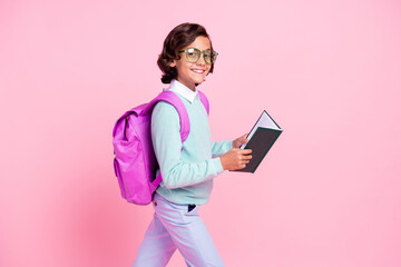 Sticker - Photo of positive boy hold textbook read go wear eyewear backpack teal shirt isolated pink color background