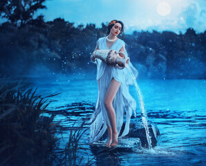 Fantasy woman Greek goddess zodiac sign Aquarius holds vintage earthenware jug in her hands and pours water into river. Background lake blue water, magic night, moon light stars. Astrology concept.