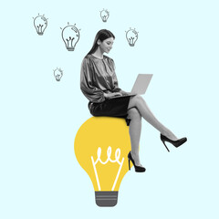 Wall Mural - Young girl, accountant, finance analyst or clerk in office suit using laptop isolated on light background.