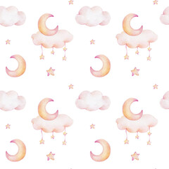 Seamless pattern moon, cloud and stars; watercolor hand drawn illustration; with white  isolated background