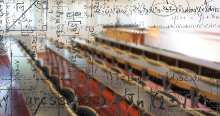 Digital composition of mathematical equations and formulas floating against empty classroom