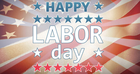 Canvas Print - Image of happy labour day text with red, white and blue stars over american flag