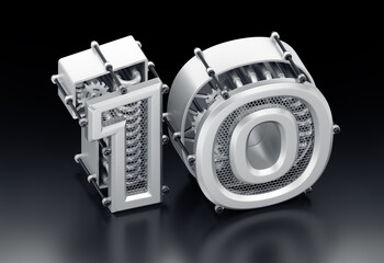 Aufkleber - The Number Ten. Isometric projection of designed in modern steam-punk style 3D digits, which are composed to a number ten and standing on reflective black background. 3d rendering graphics.