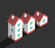 Isometric houses row decreasing in size on black. Crisis, downsizing, price drop, investment and real estate concept. Flat design. EPS 8 vector illustration, no transparency, no gradients