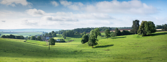 Poster - countryside landscape with green meadows and village in french ardennes near charleville