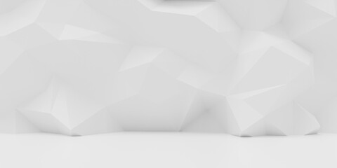 Poster - 3D abstract geometric white triangles paper background. The triangular mosaic polygonal pattern on the wall. Platform for design, stage platform, showcase, isolated on polygon backdrop. 3D rendering