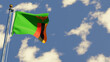 Zambia 3D rendered realistic waving flag illustration on Flagpole. Isolated on sky background with space on the right side.