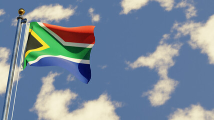 Wall Mural - South Africa 3D rendered realistic waving flag illustration on Flagpole. Isolated on sky background with space on the right side.