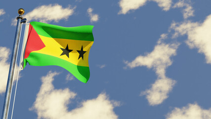 Wall Mural - Sao Tome And Principe 3D rendered realistic waving flag illustration on Flagpole. Isolated on sky background with space on the right side.