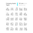 Business assets linear icons set. Company owned items. Plants ownership. Resources for productivity. Customizable thin line contour symbols. Isolated vector outline illustrations. Editable stroke