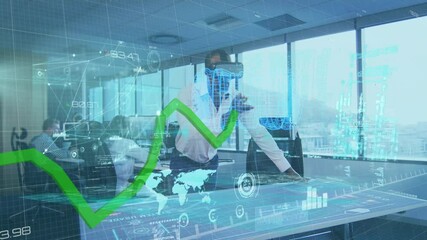Poster - Digital interface with data processing on african american businessman wearing vr headset at office