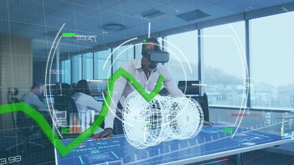 Poster - Digital interface with data processing on african american businessman wearing vr headset at office