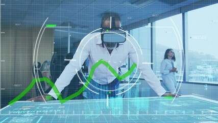 Poster - Digital interface with data processing on african american businessman wearing vr headset at office