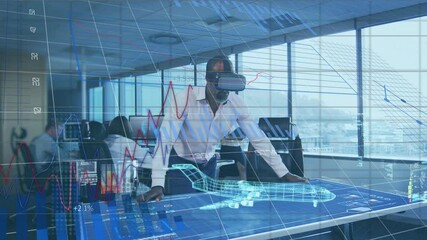 Poster - Digital interface with data processing on african american businessman wearing vr headset at office