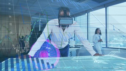 Poster - Digital interface with data processing on african american businessman wearing vr headset at office