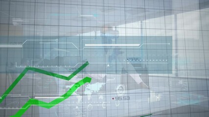 Poster - Digital interface with data processing on african american businessman wearing vr headset at office