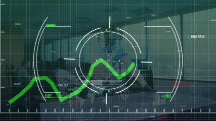 Poster - Digital interface with data processing on african american businessman wearing vr headset at office
