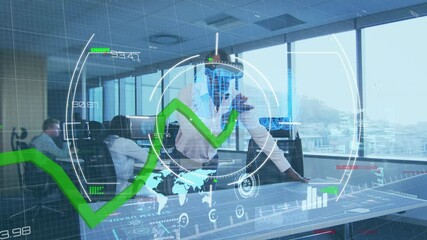Poster - Digital interface with data processing on african american businessman wearing vr headset at office