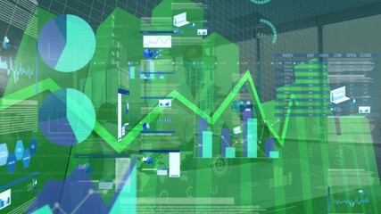 Poster - Digital interface with data processing on african american businessman wearing vr headset at office