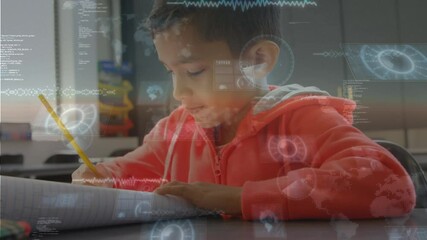 Poster - Multiple round scanners and data processing over caucasian boy studying at elementary school