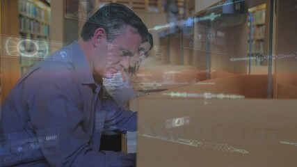 Poster - Round scanners and data processing over caucasian male professor reading in library at college