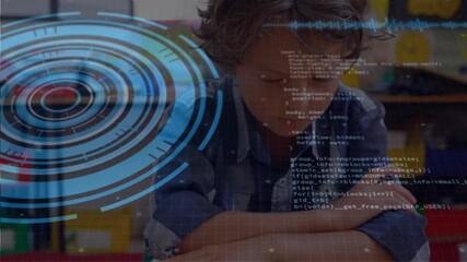 Poster - Round scanner and data processing against caucasian boy studying at elementary school