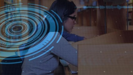 Poster - Round scanner and data processing over caucasian female student studying in library at college