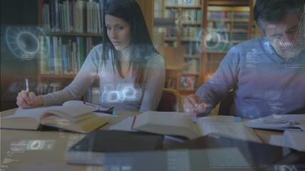 Poster - Round scanners and data processing over caucasian female student studying in library at college