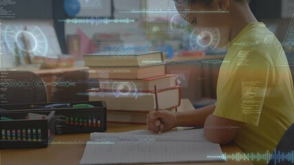 Poster - Multiple round scanners and data processing over african american boy studying at elementary school