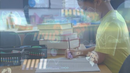 Poster - Multiple screens with data processing over african american boy studying at elementary school