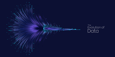 Poster - Evolution of data. Vector explosion motion dot lines background. Small particles strive out of center. vector illustration use for quantum technology, digital, science, music, communication.
