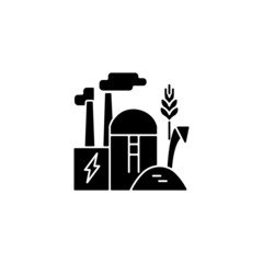 Poster - Production of biomass energy black glyph icon. Alternative energy made from organic material. Biomass production plant. Silhouette symbol on white space. Vector isolated illustration