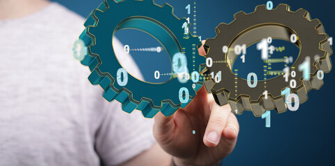 Poster - Business, Internet and technology concept. Business select gear icon on virtual screen/