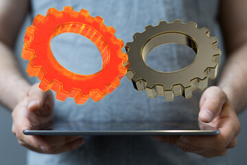 Poster - Cogs and gear wheel mechanisms. Hi-tech digital technology and engineering. Abstract technical background..
