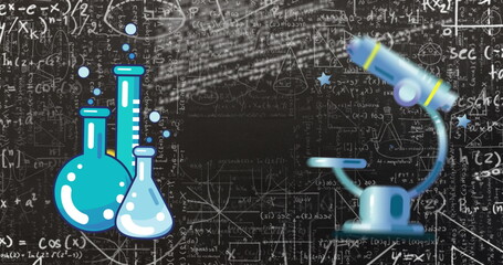 Digital image of laboratory equipment icons against mathematical equations on black background