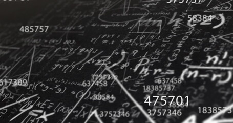 Digital image of changing numbers against mathematical equations on black background