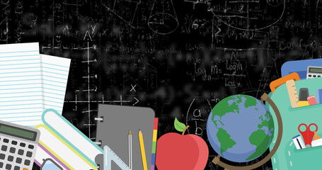 Digital image of school concept icons moving against mathematical equations on black background