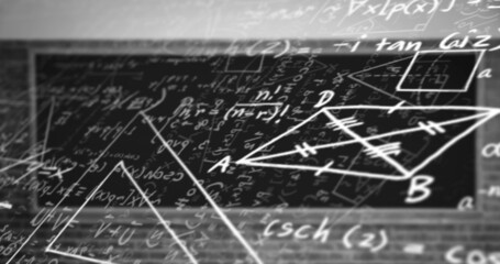 Digital image of mathematical equations and diagrams floating against black background