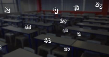 Poster - Digital composition of multiple mathematical numbers moving against empty classroom in bakground