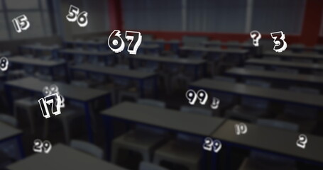 Poster - Digital composition of multiple mathematical numbers moving against empty classroom in bakground