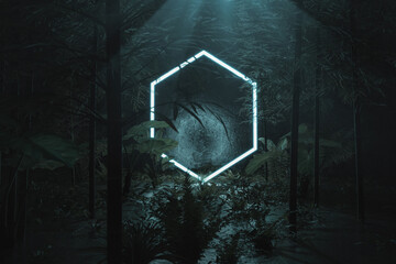 Fototapete - 3d rendering of blue lighten hexagon shape surrounded by jungle trees