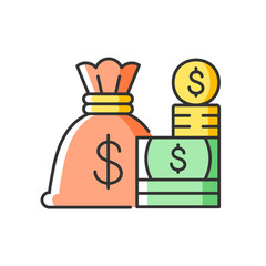 Sticker - Cash RGB color icon. Money sack. Currency or coins for goods, debt or services exchange. Government bonds and bankers acceptances. Isolated vector illustration. Simple filled line drawing