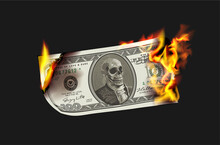 Skull Banknote On Fire On Black Background Vector Illustration